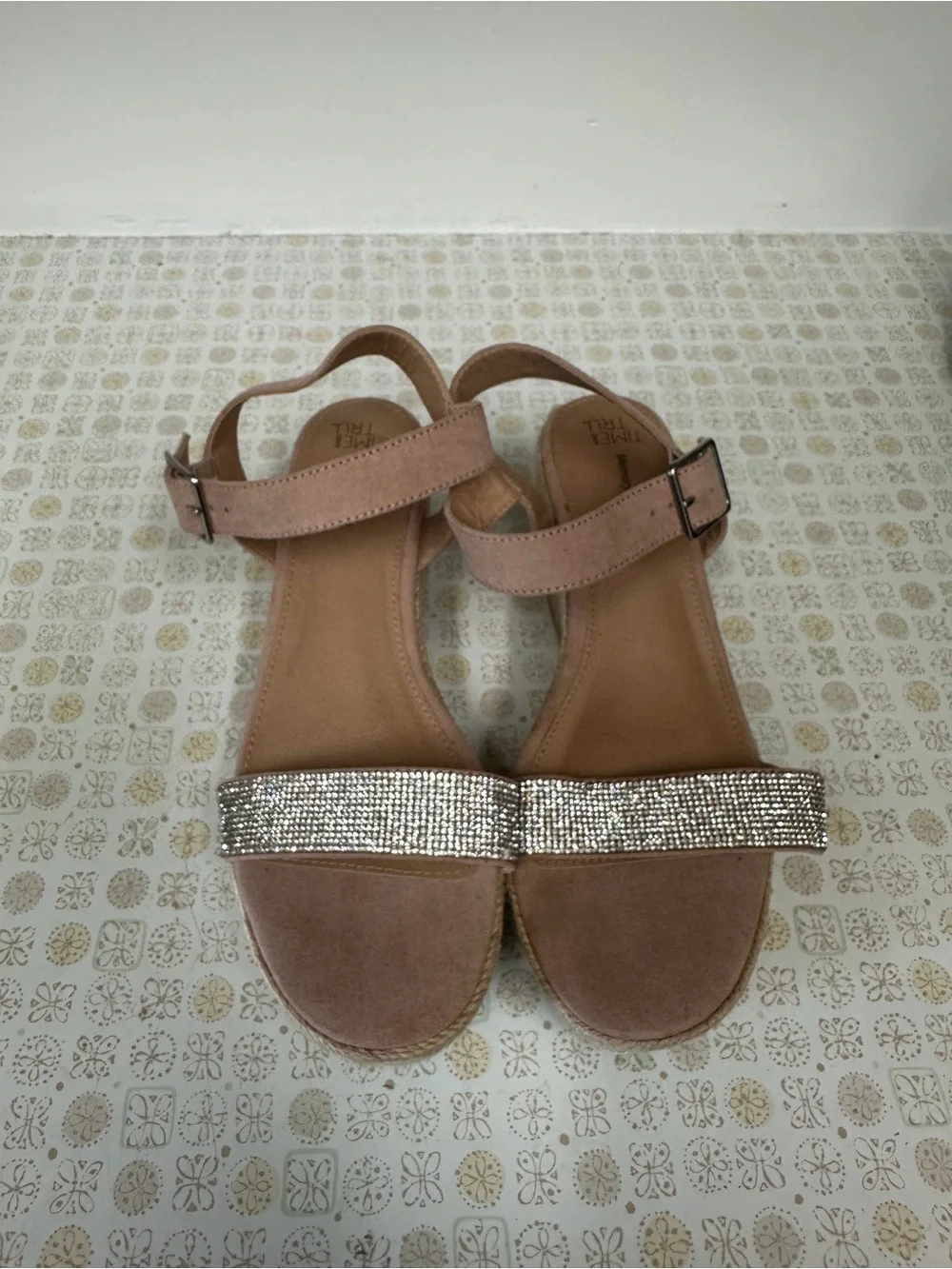 Time and Tru Blush Espadrille Wedge Sandals with Rhinestone Strap